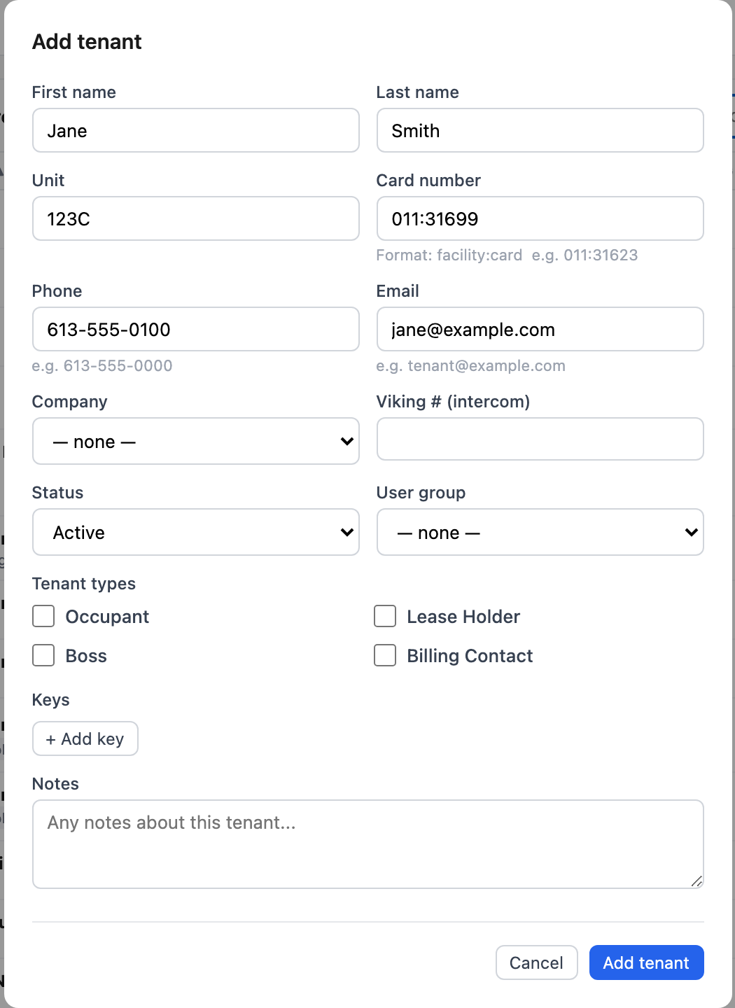 Add tenant form filled in with an example tenant