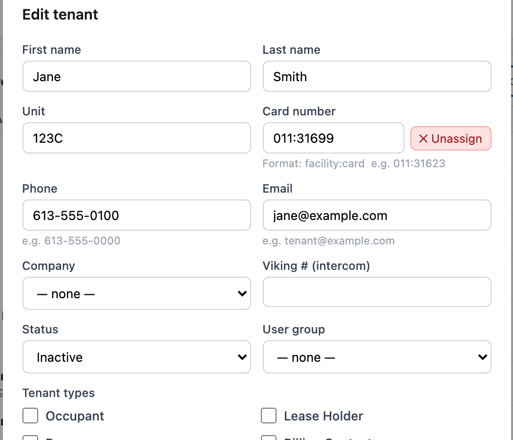 Edit tenant modal showing the Unassign button and Status set to Inactive